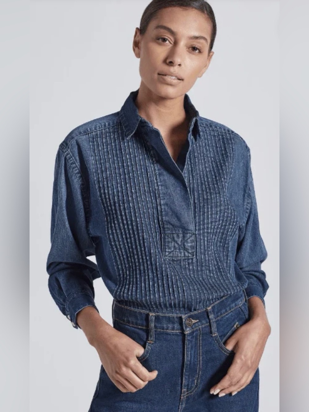 Current/Elliott Patty Denim Popover Shirt Pleated Chambray Size Medium